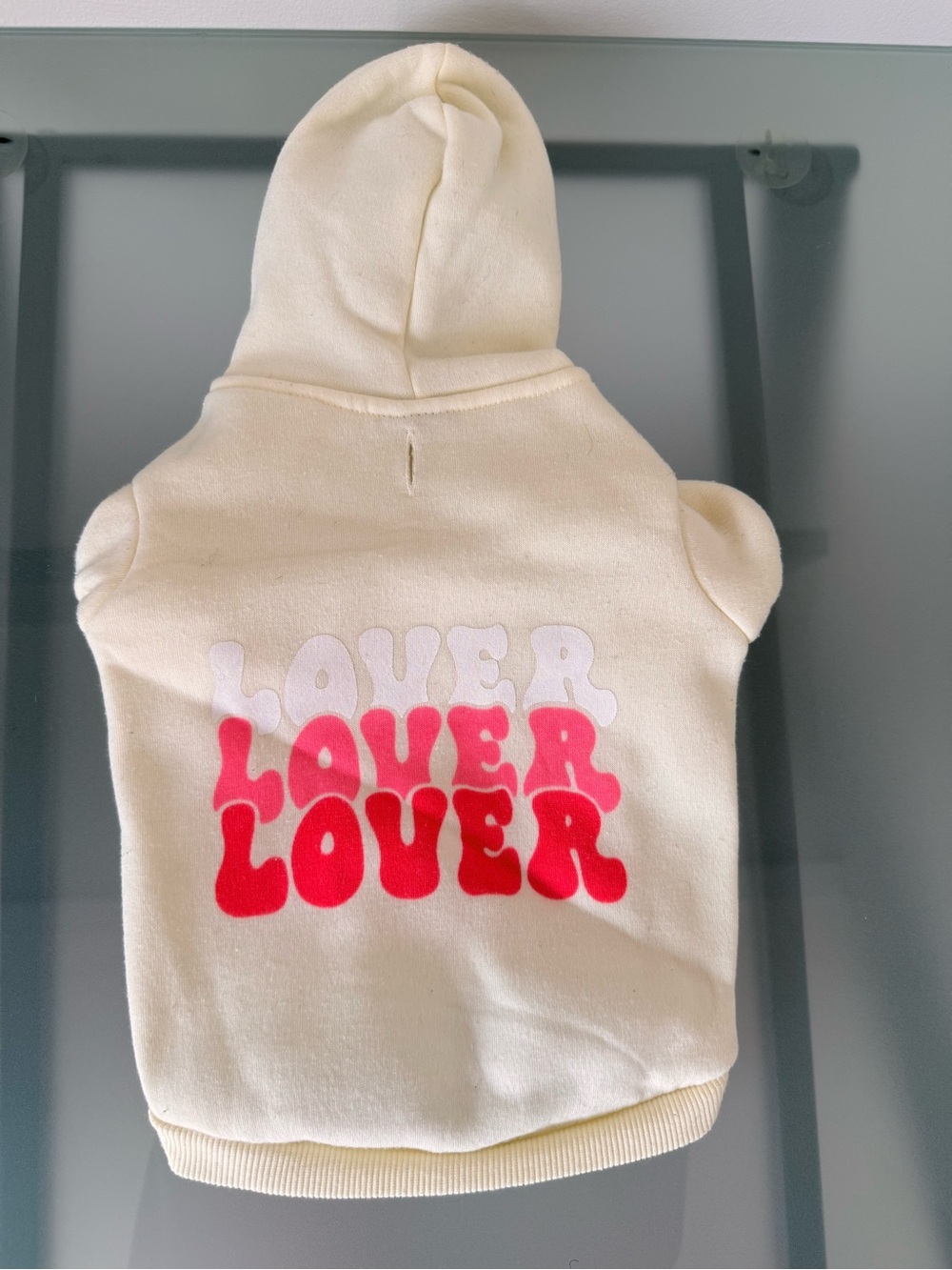 Cream Dog Hoodie with Pink-Red 'Lover' Graphic
